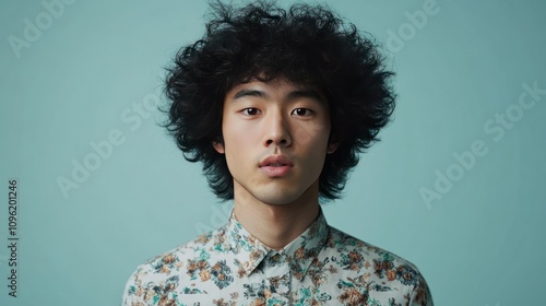 Studio shot of an Asian man with an afro hairstyle, formal shirt, and minimalist backdrop photo