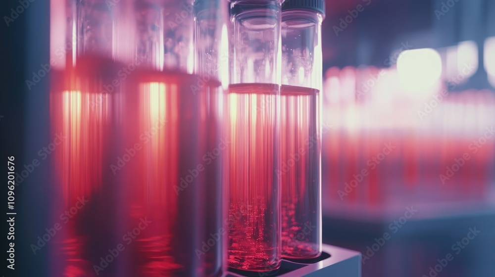 Test tubes filled with vibrant red liquids in a clinical laboratory, showcasing pharmaceutical and medical research environment with a modern aesthetic. Test tubes filled with vibrant red liquids in a clinical laboratory, showcasing pharmaceutical and medical research environment with a modern aesthetic.