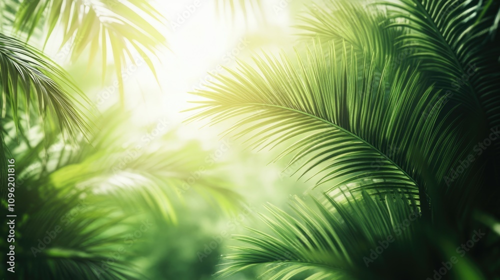 Lush tropical palm leaves bathed in soft sunlight, perfect for vibrant banners, postcards, or book illustrations with a serene natural vibe. Lush tropical palm leaves bathed in soft sunlight, perfect for vibrant banners, postcards, or book illustrations with a serene natural vibe.