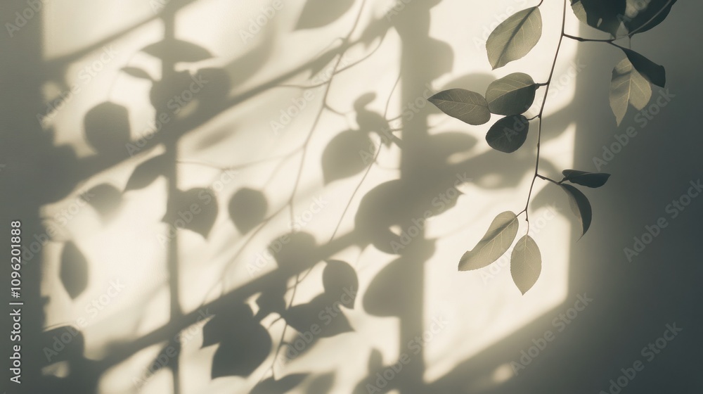 Subdued natural light casting abstract leaf and window shadows onto a white surface Subdued natural light casting abstract leaf and window shadows onto a white surface