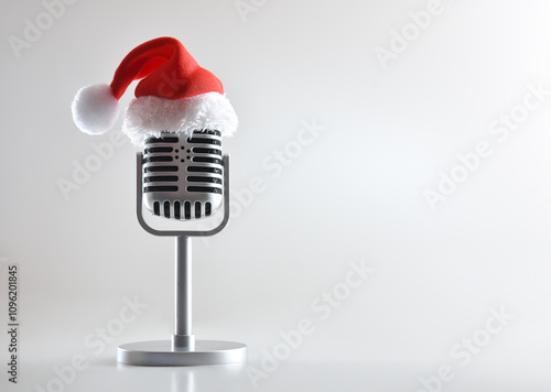 Metal retro microphone with santa hat on white isolated background