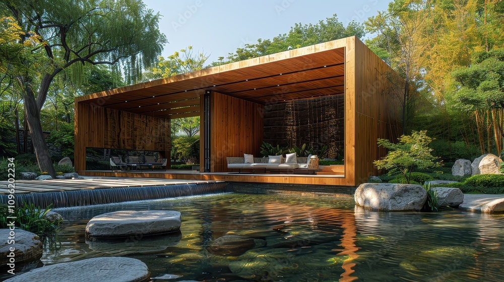 Serene Wooden Pavilion by a Tranquil Waterfall. Serene Wooden Pavilion by a Tranquil Waterfall.