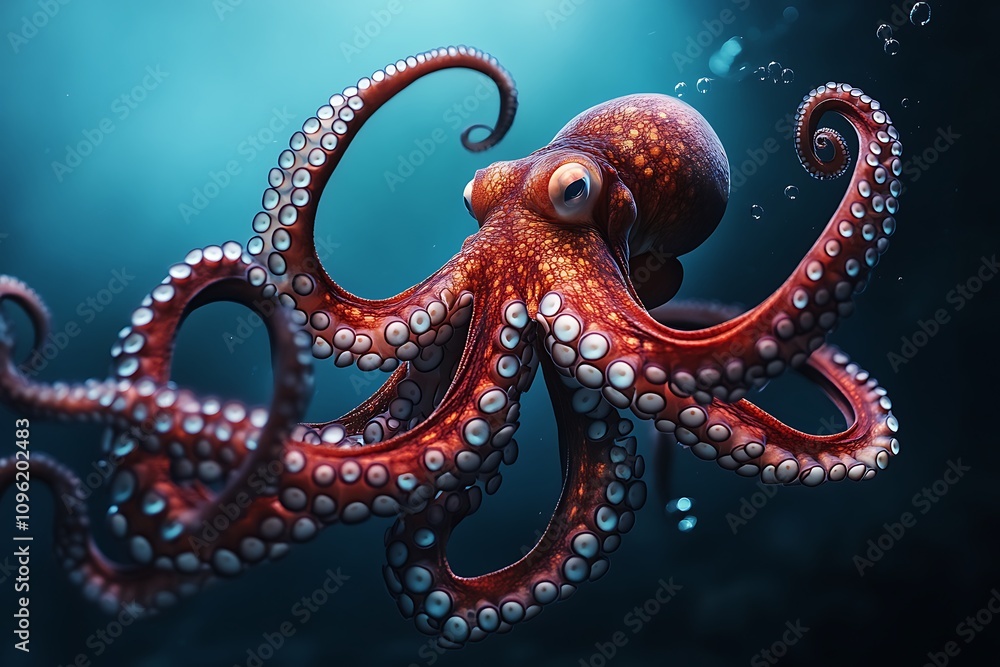 Obraz premium Majestic Red Octopus Swimming Underwater Scene