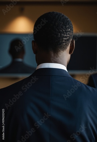 Businessman, back view, formal suit, dimly lit room, soft lighting, reflective surface, modern interior, office setting, professional atmosphere, contemplative mood. 