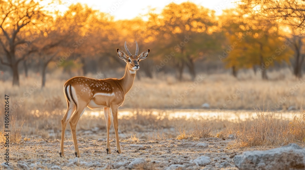 Graceful impala standing majestically in a savanna at sunset, highlighting the tranquil beauty of wildlife among golden scenery. Graceful impala standing majestically in a savanna at sunset, highlighting the tranquil beauty of wildlife among golden scenery.