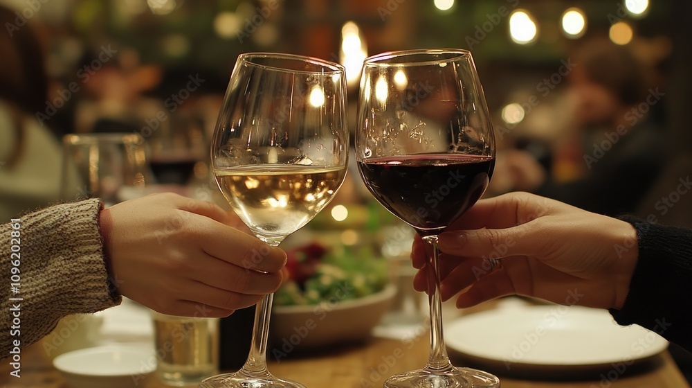 Two hands clinking wine glasses at a festive dinner party. Two hands clinking wine glasses at a festive dinner party.