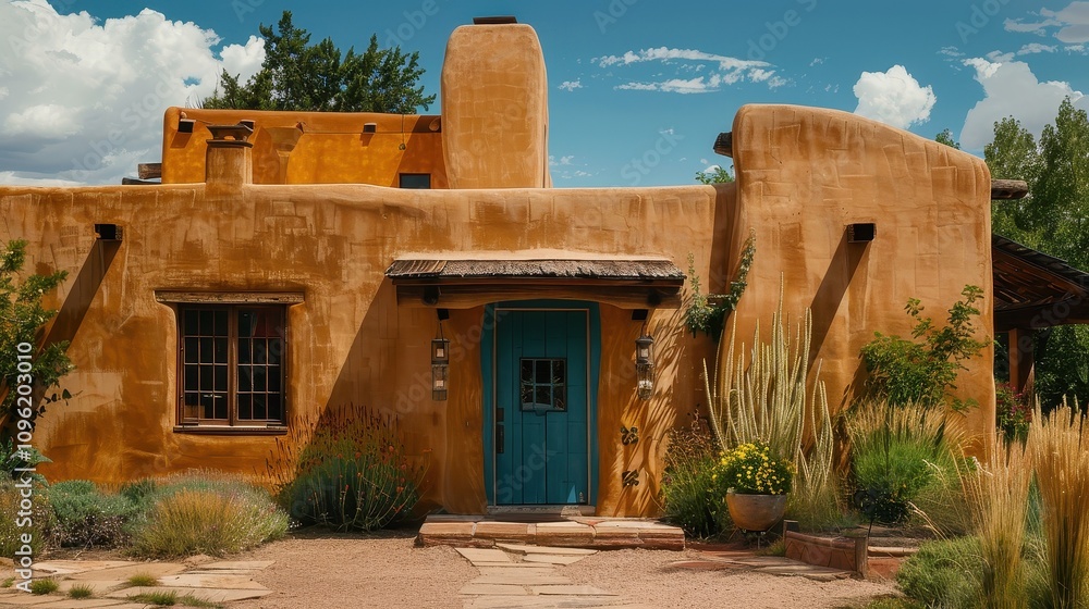 Fototapeta premium Adobe House with Teal Door and Desert Landscaping.