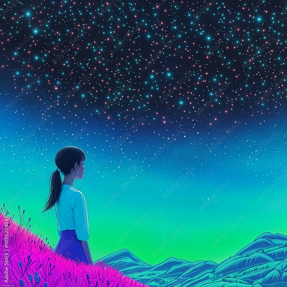 Girl observing stars over glowing meadow and hills. Girl observing stars over glowing meadow and hills.