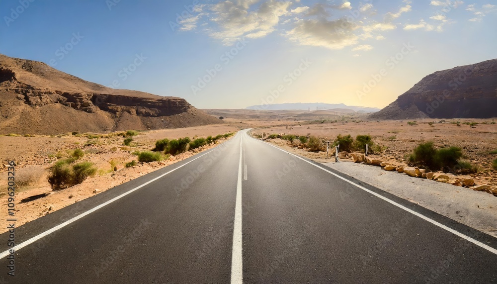Fototapeta premium An Empty Asphalt Road Stretching into the Horizon, Capturing the Spirit of Adventure, Freedom, and Solitude in a Vast Desert Landscape Under Clear Skies