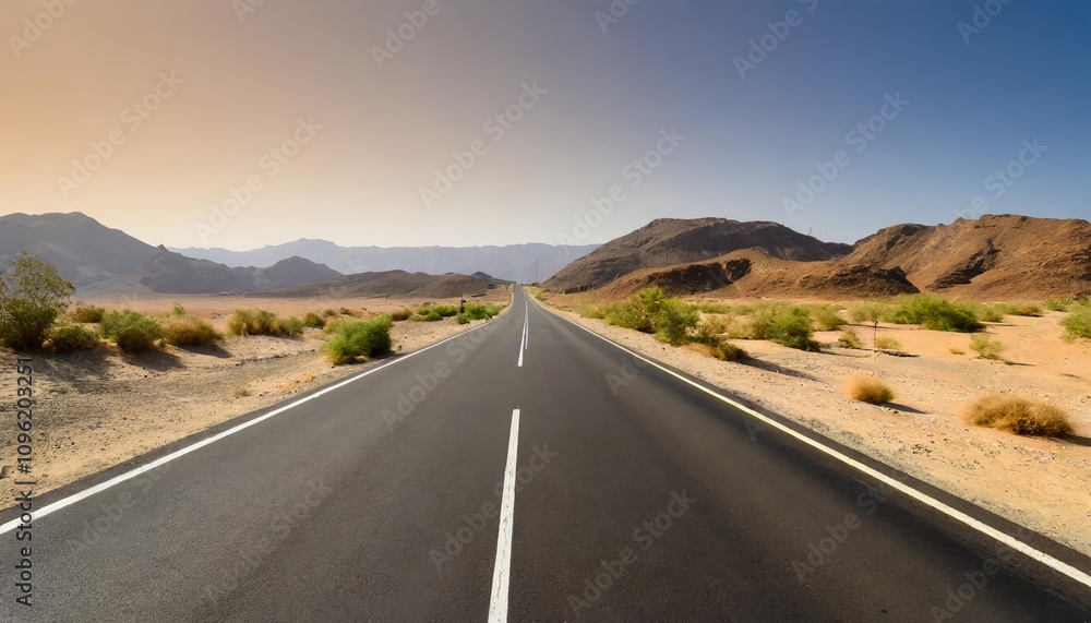 Fototapeta premium Lonely Asphalt Road Stretching Through an Expansive Desert Landscape with Rugged Hills and Endless Horizons Capturing the Spirit of Adventure and Exploration under a Vast Blue Sky