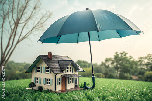 Home Insurance Illustration: Miniature House Sheltered by an Umbrella Representing Property Protection photo