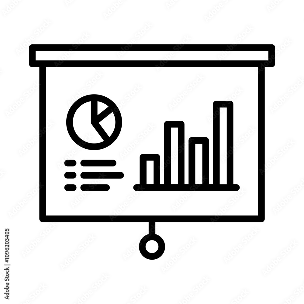 Black single financial presentation board line icon, simple piechart projection screen flat design pictogram vector for app ads web banner ui ux interface element isolated on white background Black single financial presentation board line icon, simple piechart projection screen flat design pictogram vector for app ads web banner ui ux interface element isolated on white background