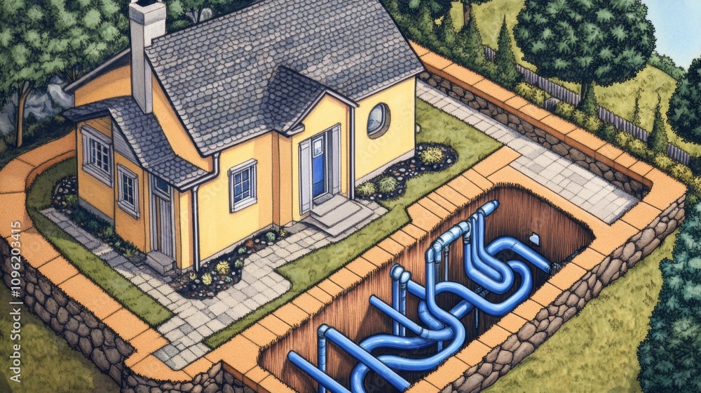 Obraz premium A Whimsical View of a House with Colorful Pipes Underground Illustrating a Unique Architectural Dream in an Artistic Landscape Setting with Nature Surrounding