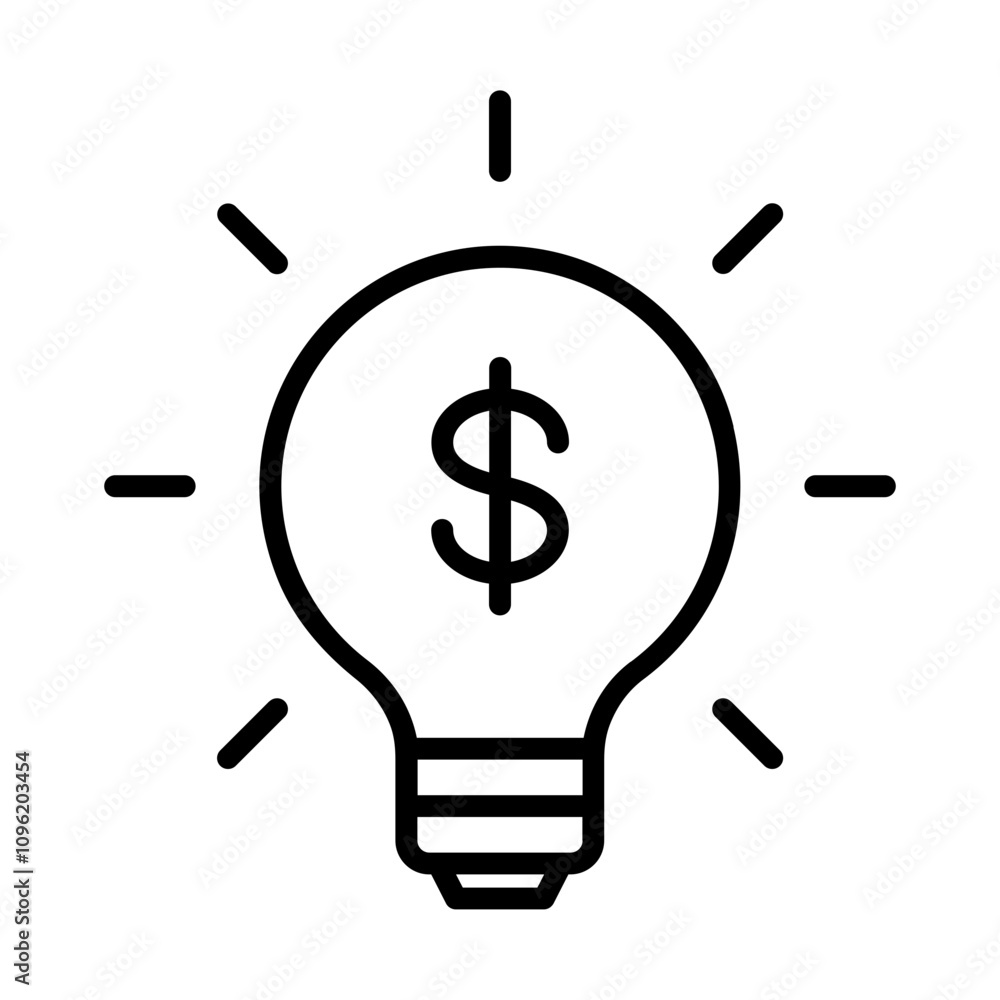 Single black light bulb with dollar mark line icon, simple outline financial idea graphic flat design interface infographic element for app ui ux web button, vector isolated on white background Single black light bulb with dollar mark line icon, simple outline financial idea graphic flat design interface infographic element for app ui ux web button, vector isolated on white background