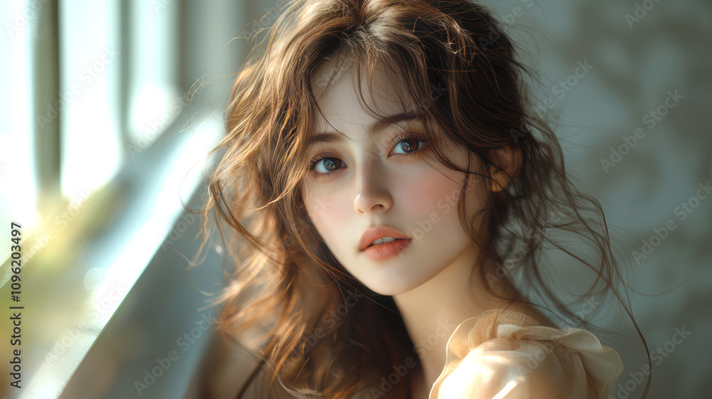 窓辺に立つロングヘアの女性 窓辺に立つロングヘアの女性