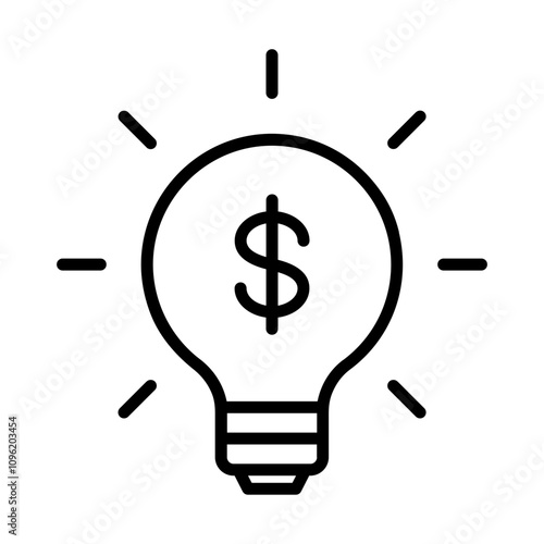 Single black light bulb with dollar mark line icon, simple outline financial idea graphic flat design interface infographic element for app ui ux web button, vector isolated on white background