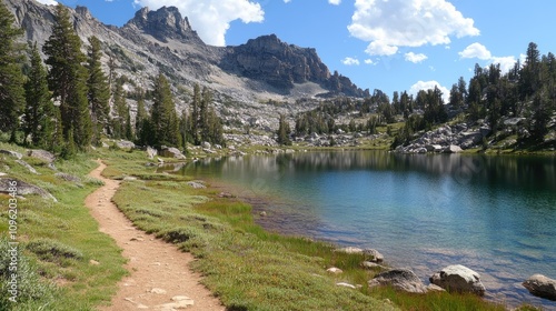 Scenic hiking trail winding along a tranquil mountain lake surrounded by lush greenery and towering rocky peaks under a bright blue sky.