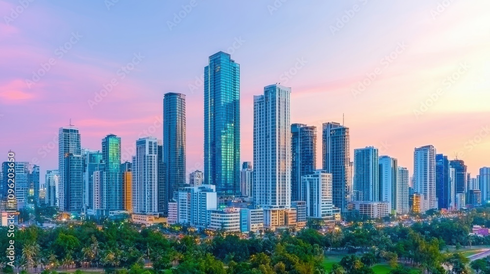 Majestic Urban Skyline at Sunset with Reflections on Modern Skyscrapers and Vibrant Colors Over a Green Park Landscape in a Bustling City Majestic Urban Skyline at Sunset with Reflections on Modern Skyscrapers and Vibrant Colors Over a Green Park Landscape in a Bustling City