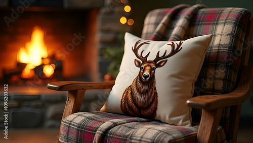 Inviting Warmth: Reindeer Cushion and Fire Glow