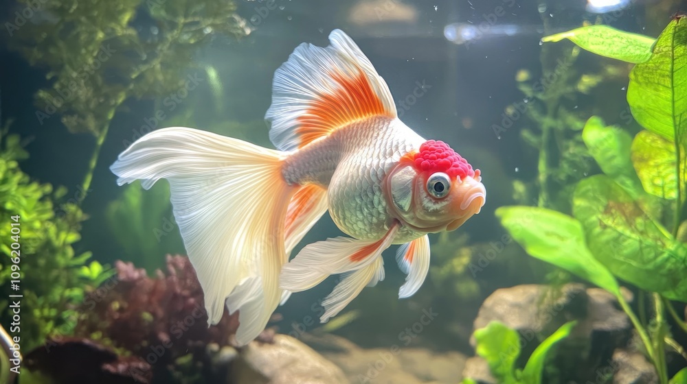 Radiant Goldfish with Distinctive Red Cap Swimming Gracefully Among Lush Green Aquatic Plants in a Clear Aquarium Setting