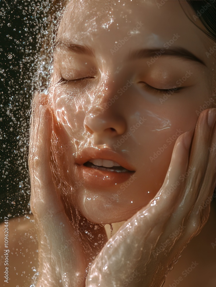 Young woman gently washing her face, water cascading softly, studio shot, detailed skin textures, glowing light Young woman gently washing her face, water cascading softly, studio shot, detailed skin textures, glowing light