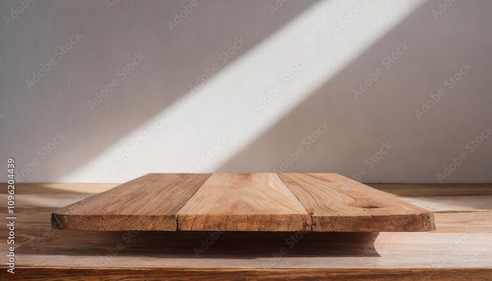 Minimalist Wooden Table Counter Podium in Natural Light with Greenery and Sunlight Shadows – A Beautiful Wooden Surface for Products or Presentation with Organic Aesthetic Appeal Minimalist Wooden Table Counter Podium in Natural Light with Greenery and Sunlight Shadows – A Beautiful Wooden Surface for Products or Presentation with Organic Aesthetic Appeal