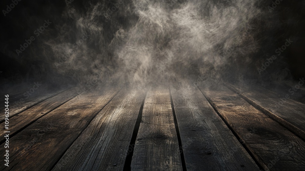 Mysterious mist swirling above dark wooden planks creating an eerie ambiance against a shadowy backdrop. Atmospheric and moody setting. Mysterious mist swirling above dark wooden planks creating an eerie ambiance against a shadowy backdrop. Atmospheric and moody setting.