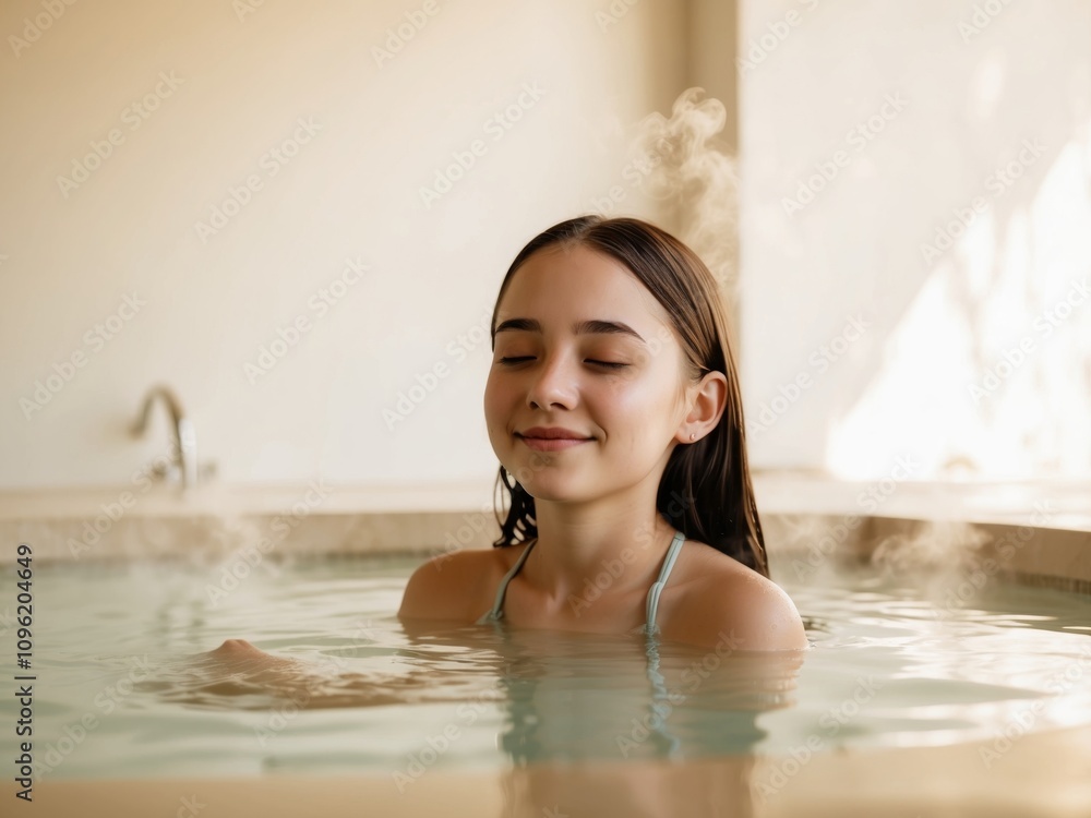 Teenage girl is enjoying the warm waters of a geothermal spa. Teenage girl is enjoying the warm waters of a geothermal spa.