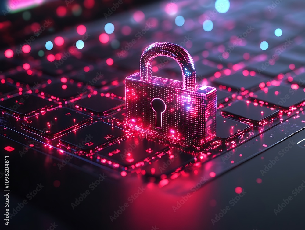 Cybersecurity: Glowing 3D Render of Padlock on Laptop Keyboard. AI Generated Cybersecurity: Glowing 3D Render of Padlock on Laptop Keyboard. AI Generated