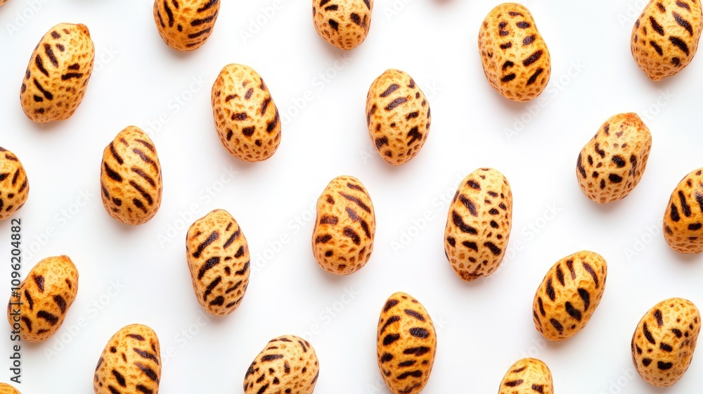 Roasted peanuts adorned with a striking tiger pattern scattered across a clean white background, showcasing their unique textures and colors. Roasted peanuts adorned with a striking tiger pattern scattered across a clean white background, showcasing their unique textures and colors.