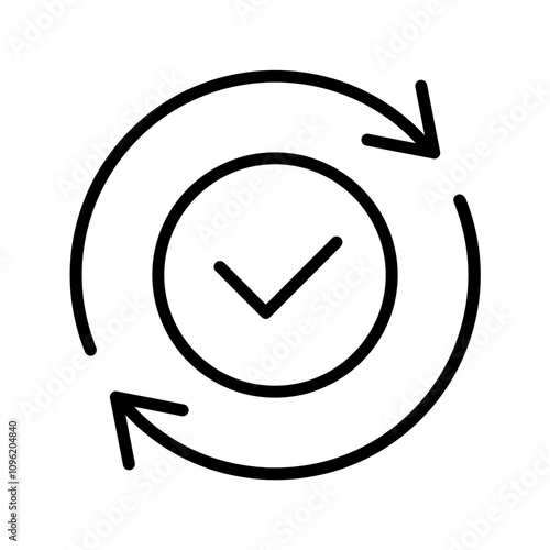 Black round checking process sync approved line icon, simple turning arrows sync flat design pictogram vector for app logo ads web webpage button ui ux interface elements isolated on white background