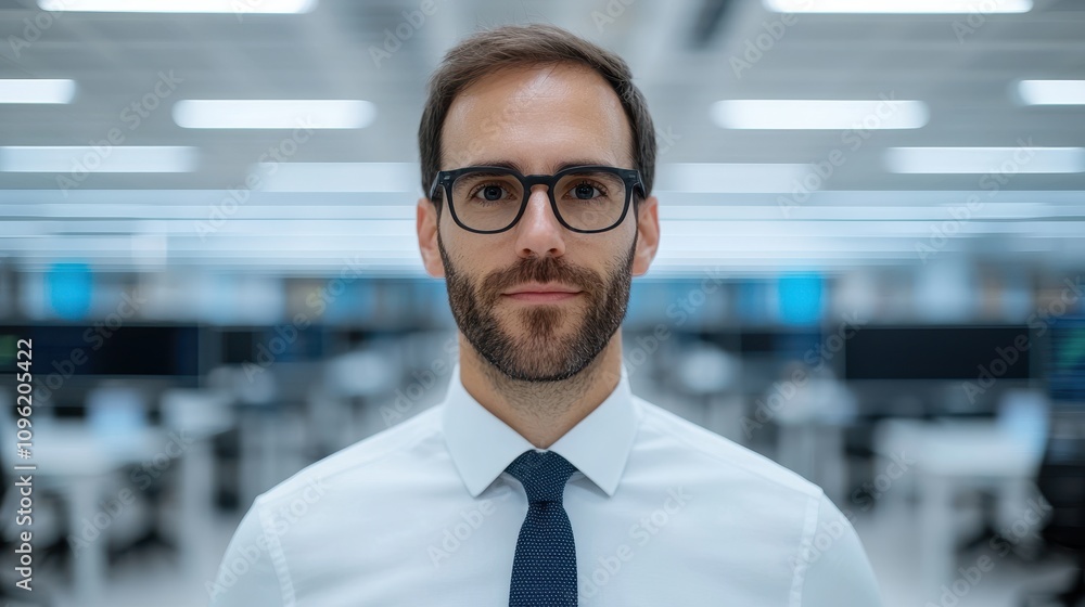 Professional Young Man with Glasses in Modern Office Setting with Blurred Background for Corporate and Business Themes Professional Young Man with Glasses in Modern Office Setting with Blurred Background for Corporate and Business Themes