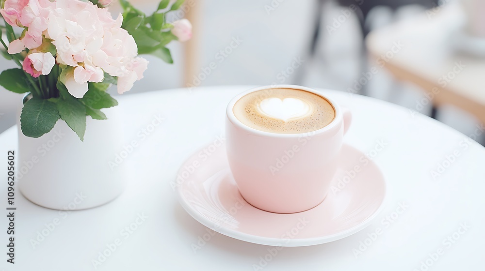 Pink Latte Art Coffee at a Sunny Cafe. AI Generated Pink Latte Art Coffee at a Sunny Cafe. AI Generated