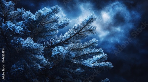 Frost-covered pine branches reaching towards a moody, cloudy sky, capturing the serene beauty of a winter landscape filled with seasonal charm. photo