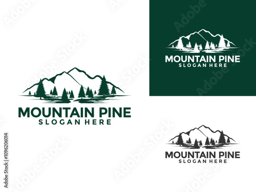 Pine Tree and Mountain logo icon design illustration vector, Evergreen logo design template