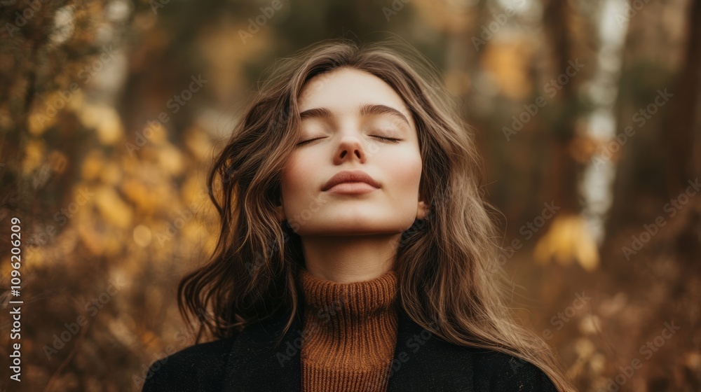 A woman is sitting in a forest, wearing a brown sweater A woman is sitting in a forest, wearing a brown sweater