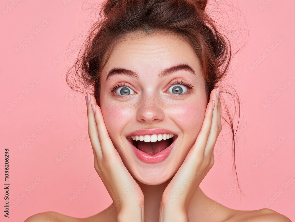Radiating joy with a radiant smile against a soft pink background during a beauty shoot Radiating joy with a radiant smile against a soft pink background during a beauty shoot
