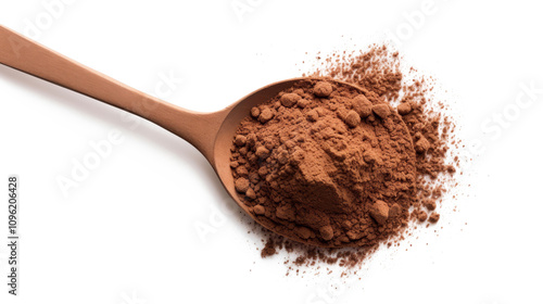 cacao and chocolate powder and spoon isolated on white background