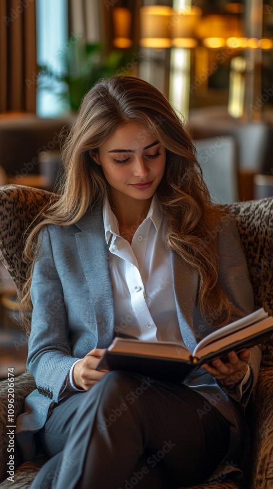 Elegant businesswoman in blue suit relaxes in plush armchair, engrossed in reading a book. Warm lighting creates an inviting atmosphere in the cozy interior. Elegant businesswoman in blue suit relaxes in plush armchair, engrossed in reading a book. Warm lighting creates an inviting atmosphere in the cozy interior.