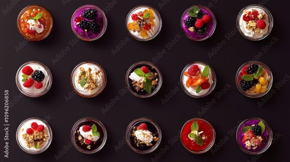 Colorful Desserts in Small Jars on Dark Background Colorful Desserts in Small Jars on Dark Background