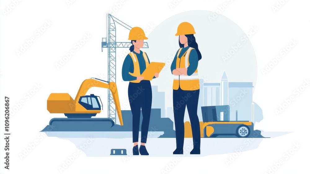 Two Female Construction Workers in Safety Gear Discussing Project Plans at a Construction Site with Machinery and Urban Landscape in Background Two Female Construction Workers in Safety Gear Discussing Project Plans at a Construction Site with Machinery and Urban Landscape in Background