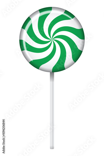 Striped lollipop on stick. Striped twisted candy. Illustration for new years day, winter holiday, dessert, new years event. Vector illustration
