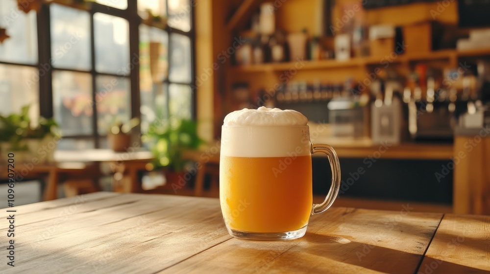 Craft beer in a frosty mug with creamy foam, placed on a rustic wooden table inside a vibrant pub, ideal for social gatherings and celebrations. Craft beer in a frosty mug with creamy foam, placed on a rustic wooden table inside a vibrant pub, ideal for social gatherings and celebrations.