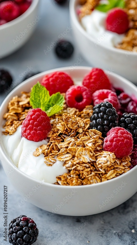 Delicious and nutritious breakfast bowls filled with creamy yogurt, crunchy granola, and fresh berries. A perfect balance of textures and flavors for a healthy start to the day. Delicious and nutritious breakfast bowls filled with creamy yogurt, crunchy granola, and fresh berries. A perfect balance of textures and flavors for a healthy start to the day.