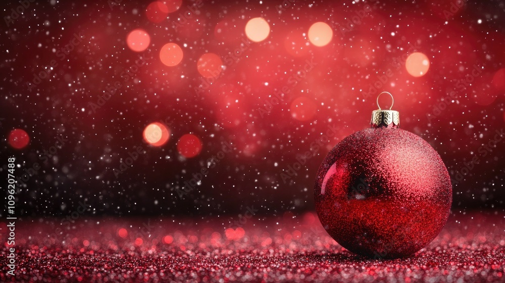 Glimmering red Christmas ornament on a shimmering crimson surface with falling snowflakes, creating a festive holiday atmosphere. Glimmering red Christmas ornament on a shimmering crimson surface with falling snowflakes, creating a festive holiday atmosphere.