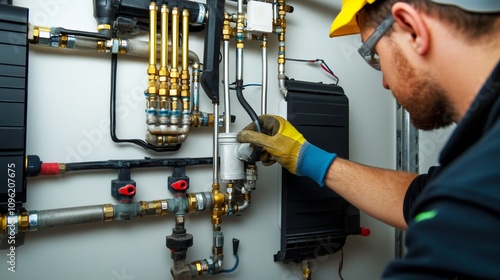 Skilled technician in protective gear meticulously adjusting complex plumbing system with golden pipes and valves, showcasing precision in modern heating installation.