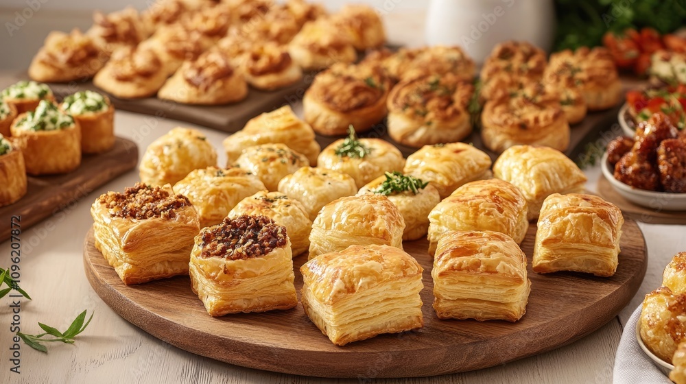 Assorted Savory and Sweet Puff Pastries Artfully Arranged on a Rustic Wooden Platter Ideal for Brunch Gatherings and Celebrations Assorted Savory and Sweet Puff Pastries Artfully Arranged on a Rustic Wooden Platter Ideal for Brunch Gatherings and Celebrations