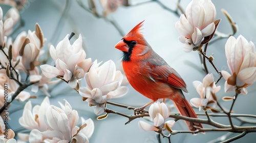 Red Cardinal on Branch Surrounded by White Magnolias