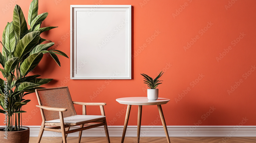 A cozy corner featuring a rattan chair and table against a vibrant orange wall with indoor plants A cozy corner featuring a rattan chair and table against a vibrant orange wall with indoor plants