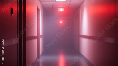 A dimly lit hallway is shrouded in red fog, creating a mysterious and eerie atmosphere with illuminated exit signs.